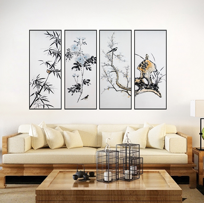 新中式客廳裝飾畫(huà) 臥室原創(chuàng)手繪寓意畫(huà) 餐廳環(huán)保PS框原創(chuàng)畫(huà) 竹與鳥(niǎo)